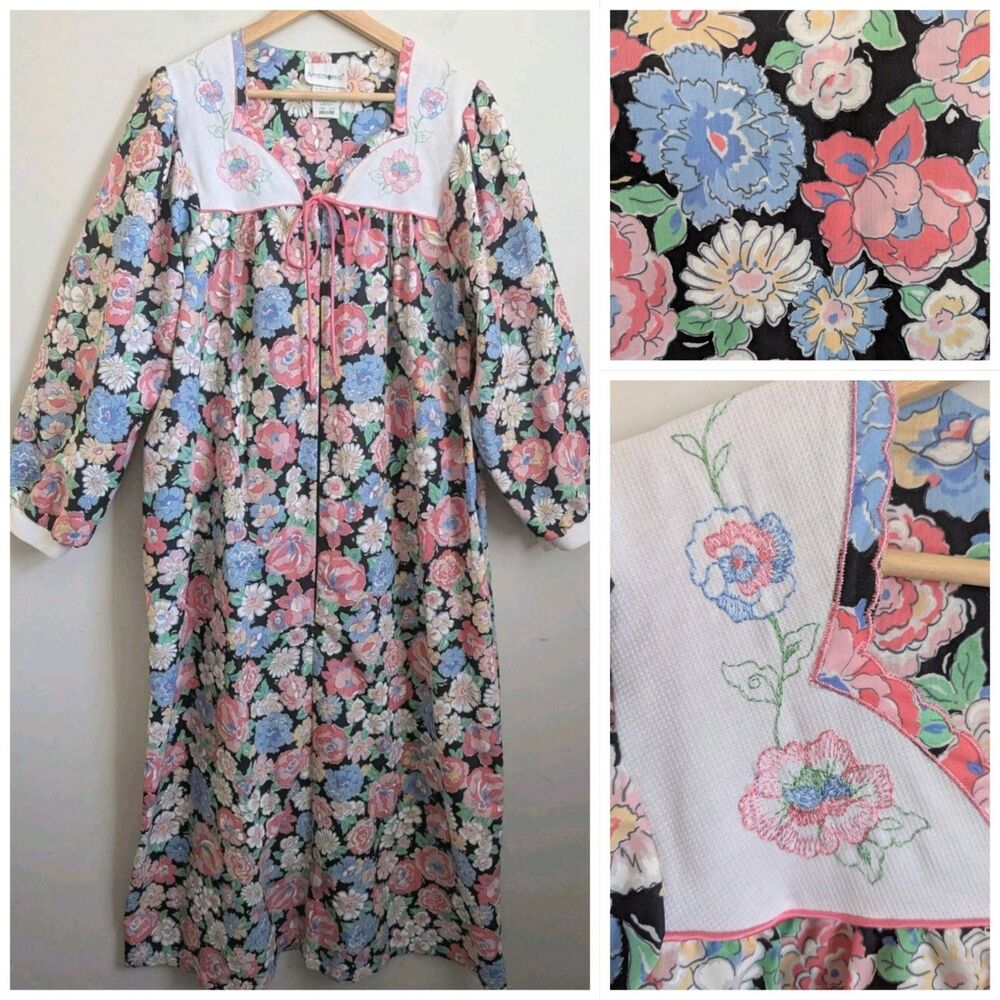 Vtg Sears Muumuu Robe Dress Pretty Floral Cotton Embroidery Zip L 16 USA Made